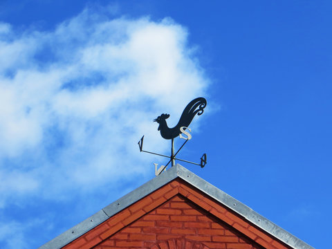 Close-up of a metal rooster weather vane on a rooftop, Denmark