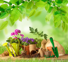 Outdoor gardening tools and herbs