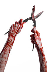 bloody hand holding a big old bloody scissors on a white backgr