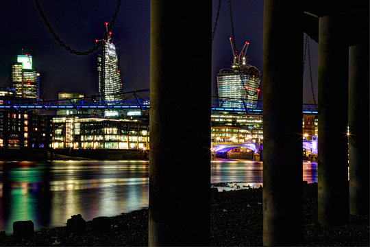 United Kingdom, England, London, Cityscape with Tower 42, Leadenhall Building, Walkie Talkie, Millennium Bridge and Southwark Bridge