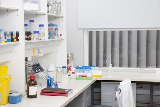 Empty technician's laboratory in a hospital with assorted medical equipment 