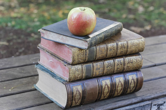 Apple sitting atop pile of old books