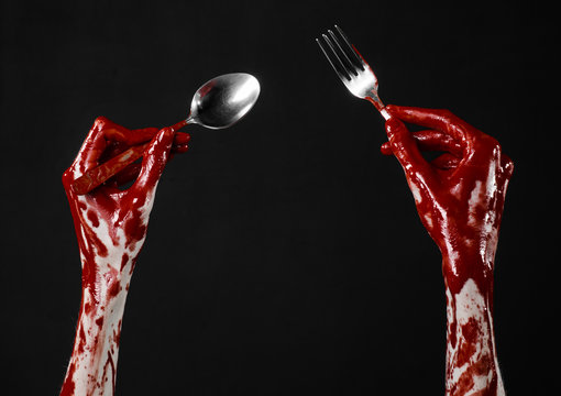 bloody hand holding a spoon, fork, bloody spoon, fork, isolated