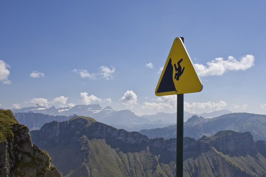 Switzerland, Swiss Alps, Warning sign in mountains