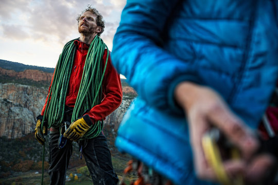 Climbers rap up an evening climb on "Code Red 7"