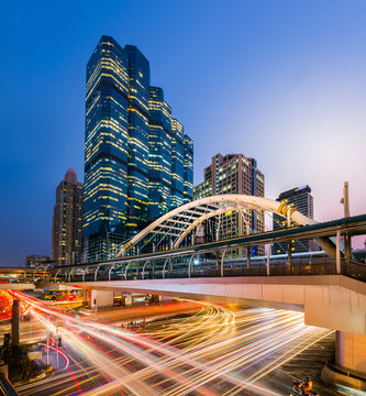 Thailand, Bangkok, Bang Rak District, View of Chong Nonsi BTS Station at night