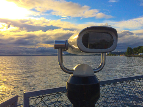 USA, Washington State, Snohomish County, Edmonds, Admiral Way, Puget Sound sunset at Pier 70