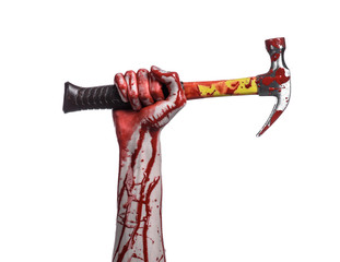 bloody hand holding  bloody hammer isolated on  white background