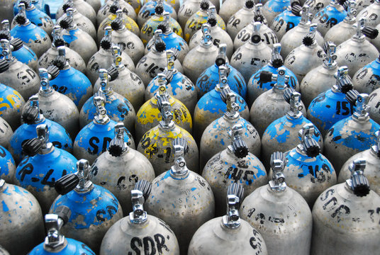 Scuba diving tanks in rows