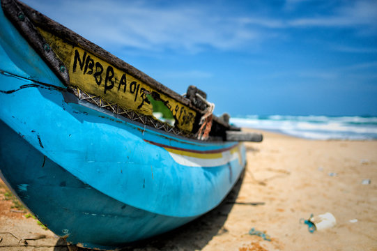 Beach of Trincomalee, Fishing boat moored on beach