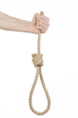 man's hand holding a loop of rope for hanging on isolated