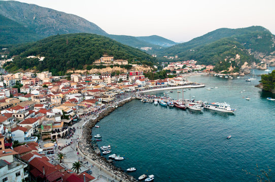 Greece, Parga, Harbor and waterfront townscape