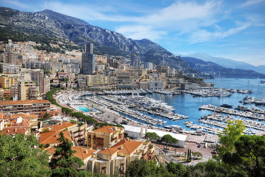Aerial view of Port Hercules and cityscape, La Condamine, Monte Carlo, Monaco