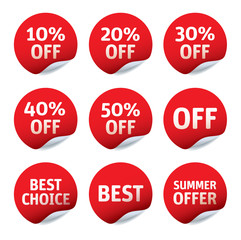 Set of red vector stickers - OFF, Best Choice, Summer Offer