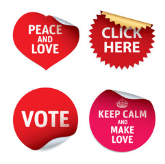 Set of red vector stickers Vote, Peace and Love, Click Here