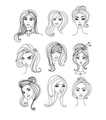 Black and White Cartoon Illustration of Women Characters Faces S