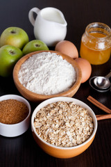 ingredients and spices for baking apple pie, close-up