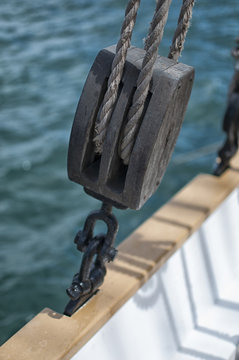 Wooden Snatch block on sailboat