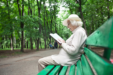 portrait of  happy grandmother on a park bench, read book
