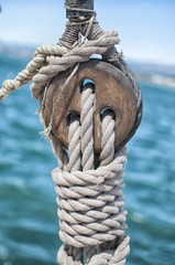 Fototapeta premium Wooden Snatch block on sailboat
