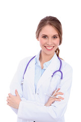 Friendly smiling young female doctor, isolated 