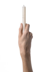 hands holding a candle, a candle is lit, white background