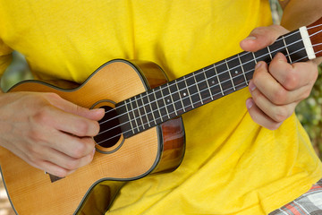 Fototapeta na wymiar Man's hands playing ukulele