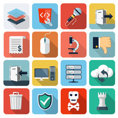 Square flat icons with long shadow, set 10