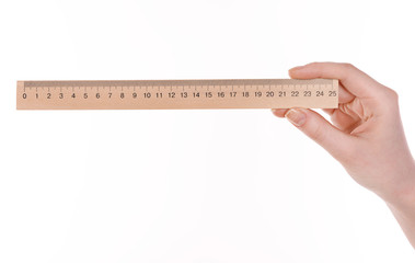 Female hand with wooden ruler isolated on white