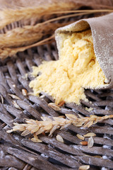 Whole flour in bag with wheat ears on wicker mat, closeup
