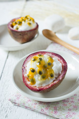Milk ice cream with Passion fruit topping