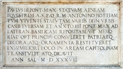 Iscrizione in lingua latina, anno 1538, Campidoglio, Roma - obrazy, fototapety, plakaty