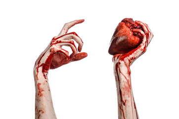 terrible bloody hand hold torn bleeding human heart isolated