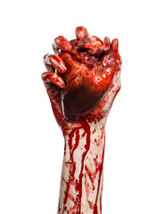 terrible bloody hand hold torn bleeding human heart isolated