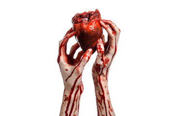 terrible bloody hand hold torn bleeding human heart isolated