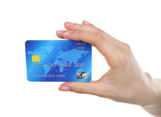 Hand holding credit card, isolated on white