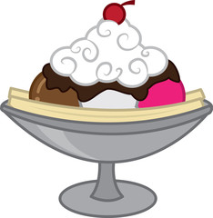 Banana split with hot fudge, whipped cream and cherry.
