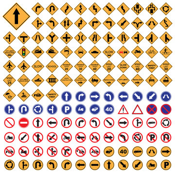 traffic sign yellow red blue road sign set  vector Illustration