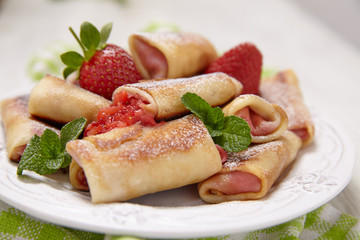 Fresh Strawberry French Crepes with Mint for Breakfast