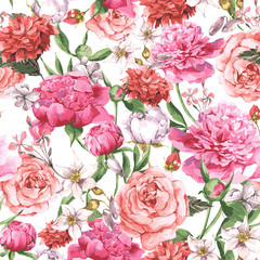 Panele Szklane Podświetlane  Lato bez szwu akwarela wzór z różowymi piwoniami i różami