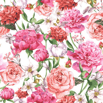 Summer Seamless  Watercolor Pattern with Pink Peonies and Roses