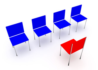 Leadership concept.  Red and four blue chairs