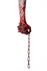 bloody hand holding chain, bloody chain, halloween theme, white - 83557872