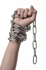 Social theme: hands tied a metal chain on a white background