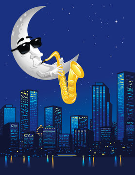 Moon playing saxophone over city