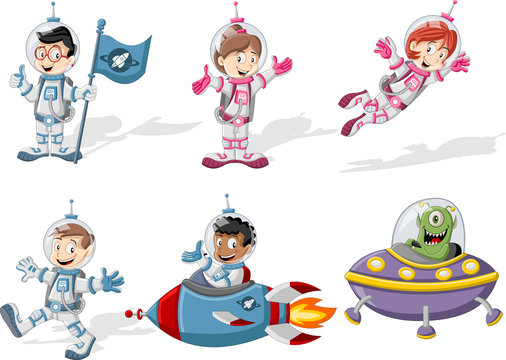 Astronaut characters in outer space suit with a alien spaceship