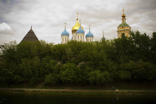 Novospassky monastery in Moscow, Russia. Green trees. 