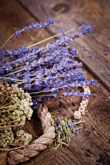 Bunch of lavender flowers on an old wood table