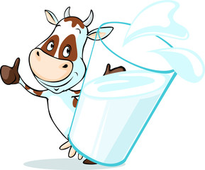 cute cow behind glass of milk - isolated on white background