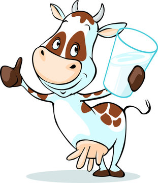 cute cow hold glass of milk - isolated on white background